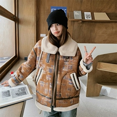 182-8525A-P195K288-咖色拼接羊羔毛机车服外套，女装羊羔毛/颗粒绒，帛香坊