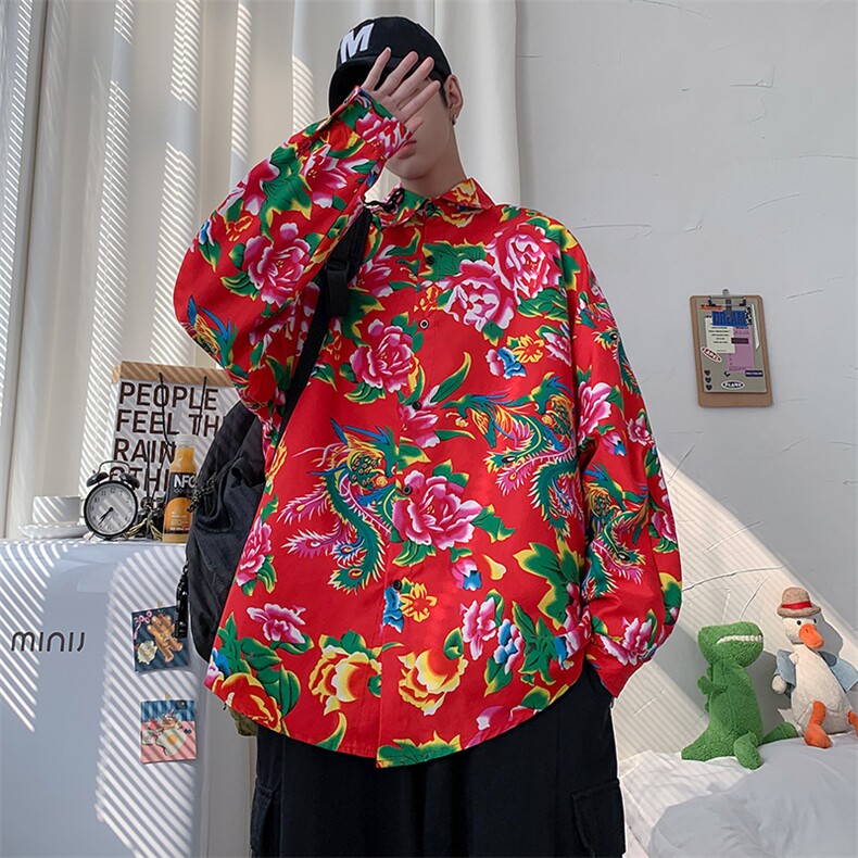 C203秋装长袖男士宽松东北大花港风衬衣外套民族特色牡丹花衬衣图片