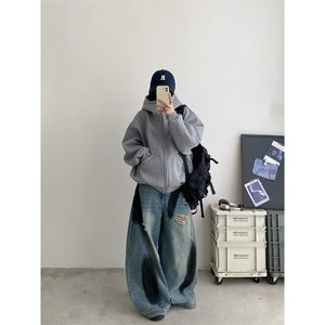 男女同款情侣装可爱瞌睡猫拼色开衫减龄软妹学生耳朵连帽春秋外套图片