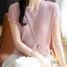 2025年新款春夏短袖女修身显瘦U领针织t恤背心外穿上衣，女装T恤，晨旭羊绒