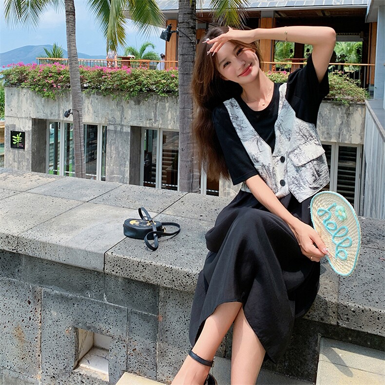 黑色拼接马甲假两件连衣裙女夏2025新款时尚宽松减龄超好看茶歇裙,女装连衣裙,2C129