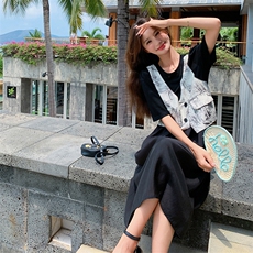 黑色拼接马甲假两件连衣裙女夏2025新款时尚宽松减龄超好看茶歇裙，女装连衣裙，2C129