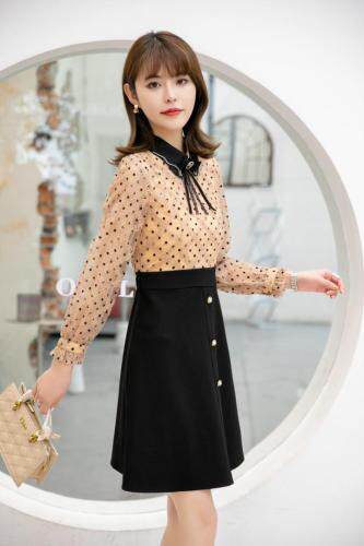 2021春季新款波点拼接修身版连衣裙，女装连衣裙，衣佳佰分