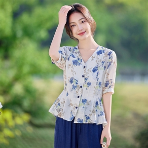 2026年夏季女短袖薄苎麻文艺风图片