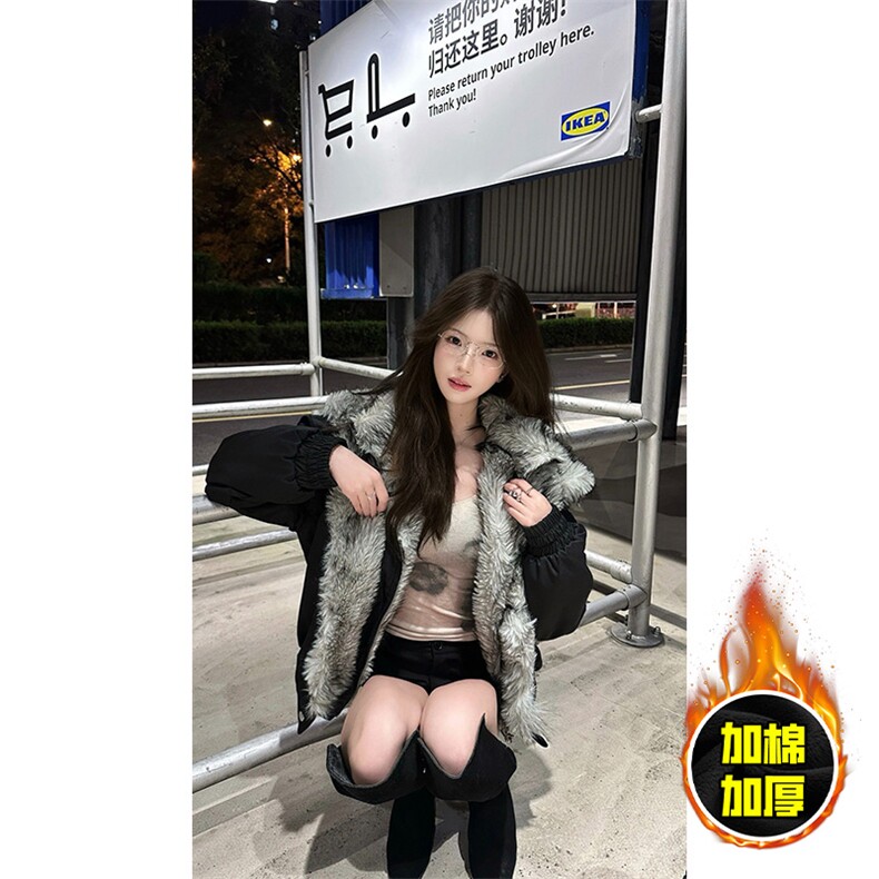 现货高品质美式高街重磅狼王座山雕毛毛领假两件棉衣加厚棉服外套,男装棉衣,电商A486