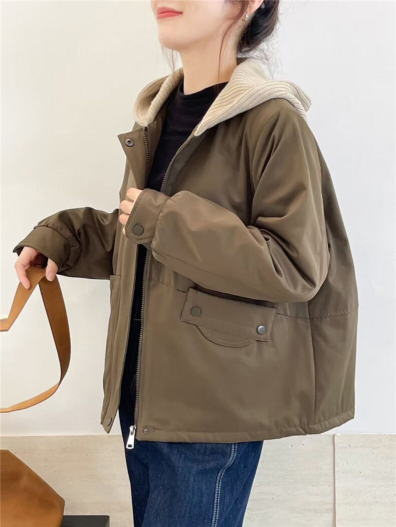 冬季加绒派克服棉衣女2025新款小个子针织连帽休闲工装棉衣外套,女装棉衣/棉服,江忆布依