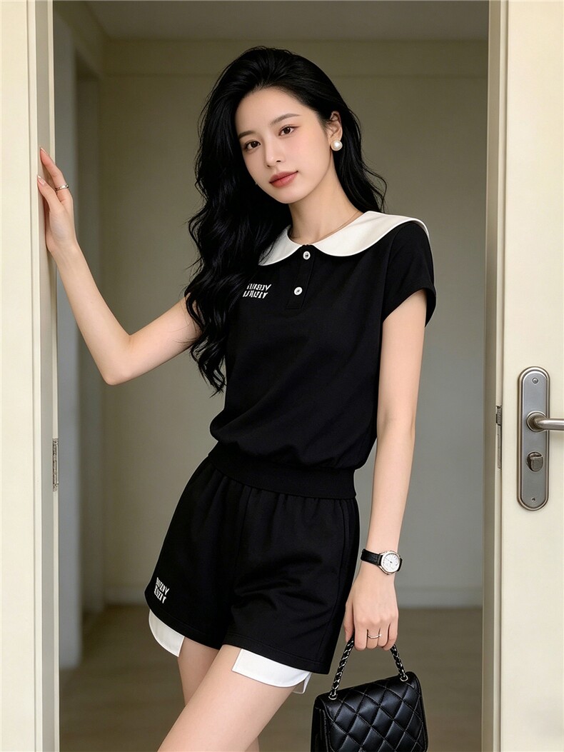 欧洲站时尚气质套装女夏季新款撞色海军领收腰短袖上衣短裤两件套,女装套装/套裙,江南