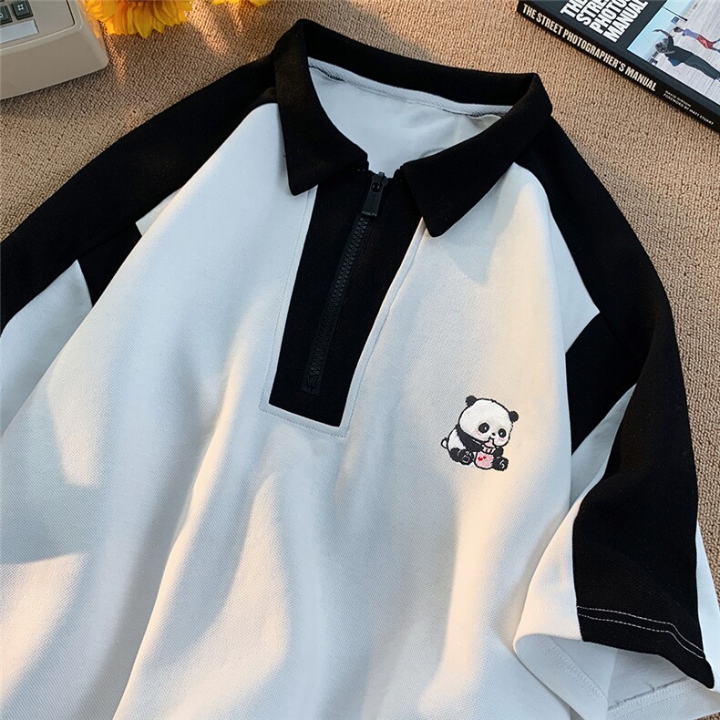 白底23新款夏季半拉链刺绣翻领百搭潮流时尚短袖T恤D6325P50控68,男装T恤,电商A268