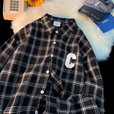 地毯新款秋季时尚百搭宽松字母格子衬衫外套CS6600P38控58，男装衬衫，电商A268A