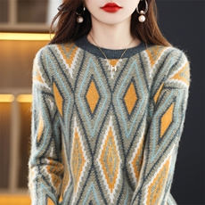 优雅气质几何图案衫女宽松显瘦长袖针织毛衣，女装羊毛衫，琳华羊绒