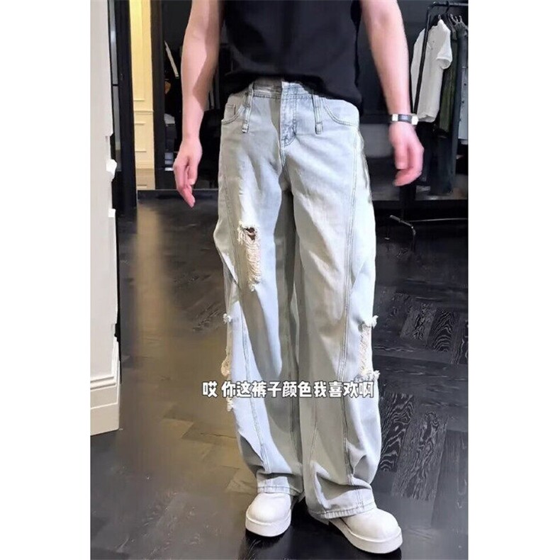 褶皱设计感做旧水洗破洞牛仔裤男女同款休闲弯刀长裤 NA436图片