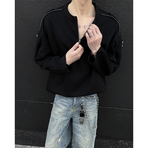 405A  高街美式领口拉链金属扣装饰长袖T恤  CT2469-P45控68图片