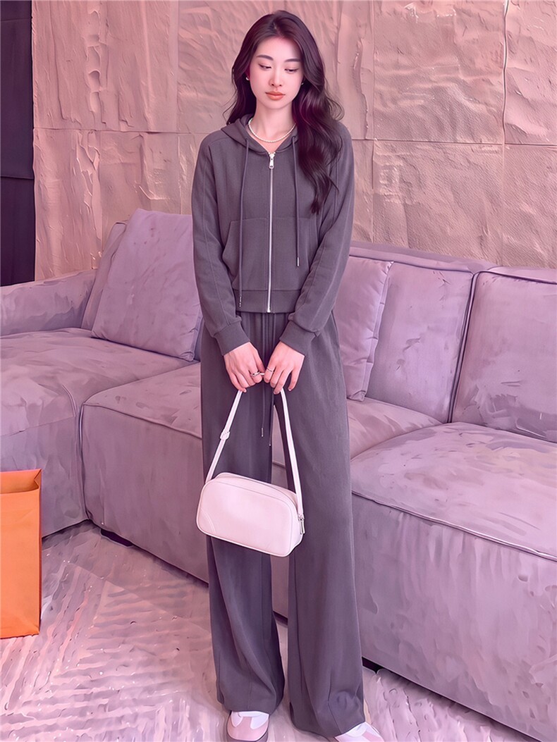 女春秋新款时尚慵懒风套装灰色拉链开衫连帽长袖外套阔腿裤两件套,女装套装/套裙,江南