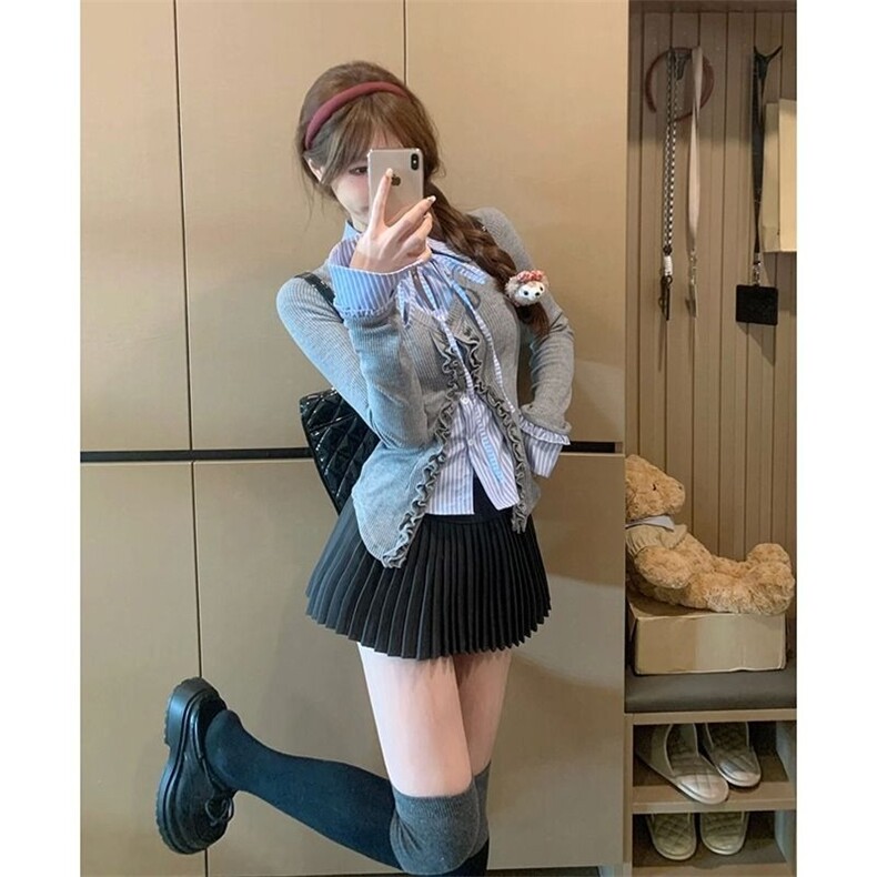 学院风春季穿搭设计感拼接假两件衬衫女大码胖mm气质修身辣妹上衣,男装Polo衫,星座1210-1