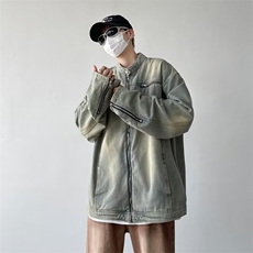 复古做旧牛仔外套男潮牌高街宽松立领机车服美式开衫拉链夹克上衣，男装夹克，星座1013