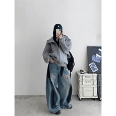 抖音得物高品质26春装美式高街重磅宽松结构高领连帽卫衣外套W60，女装短外套，电商A486