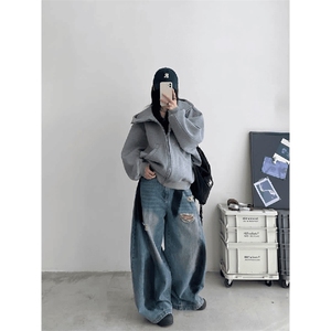 抖音得物高品质 26春装美式高街重磅宽松结构高领连帽卫衣外套W60图片
