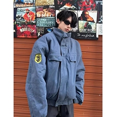 美式复古立领牛仔外套男女春秋冬季潮流vintage加绒加厚棉服夹克，男装工装外套，星座1210-1