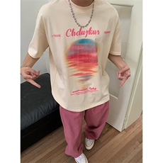纯棉220g迷雾世界粉色落日风景涂鸦短袖t恤新款休闲半袖上衣，男装T恤，星座516A