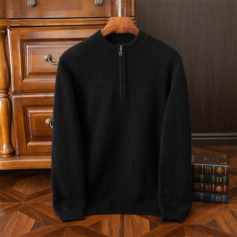 男士秋冬季新款简约休闲拉链半高领35%羊绒针织衫，男装羊绒套衫，狄美羊绒