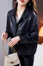 黑色宽松休闲百搭小皮衣外套女短款2024新款秋装PU皮夹克上衣，女装皮衣，美沁