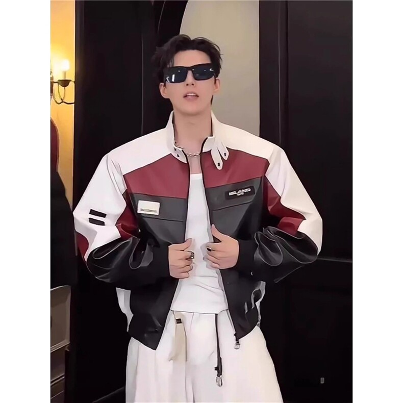 现货秋季宽松PU皮撞色立领机车服夹克JK8574/P75,男装夹克,星座205-3