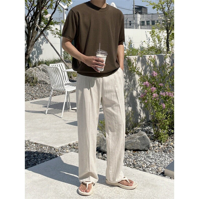 现货亚麻直筒休闲裤男士阔腿裤韩系通勤cleanfit穿搭特K06040P45，男装休闲裤，星座1004（原星座815-3）