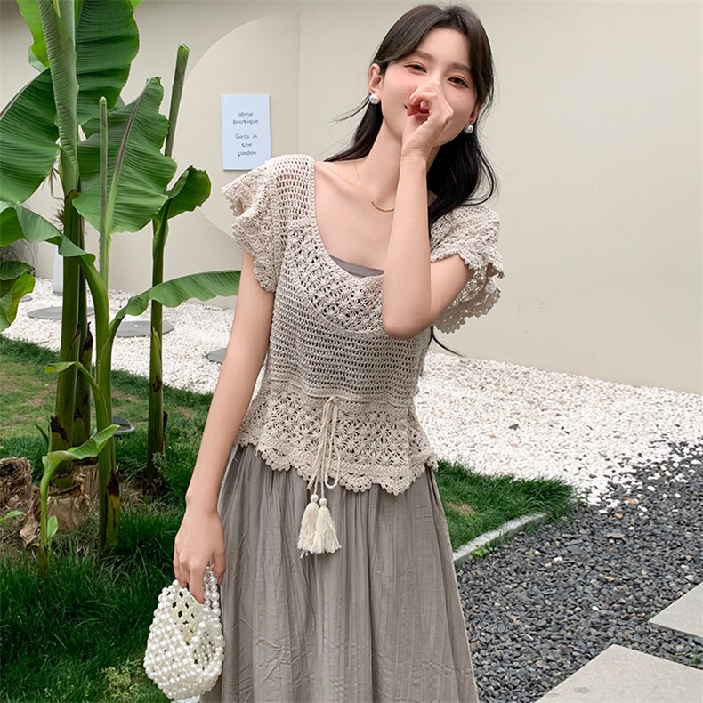 慕未家M夏装新款圆领抽绳系带收腰针织上衣淑女吊带连衣裙由3210,女装套装/套裙,超帛