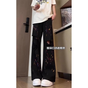破洞泼墨牛仔裤男夏季微喇薄款痞帅炸街显腿直筒长裤 NA454图片