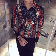 2021春秋新款立领长袖修身男士羽毛印花衬衫网红同款A313/C26/P55，男装衬衫，电商A313