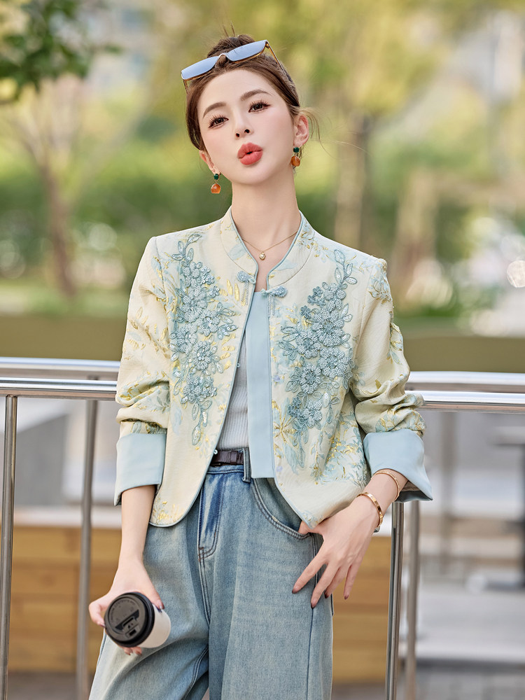 水衣源2706款新中式蕾丝拼接立体印花提花短款洋气外套女,女装短外套,水衣源