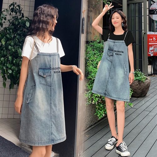 牛仔裙女2021夏新款韩版夏装假两件套卫衣连衣裙宽松显瘦小个子,女装连衣裙,瑶迪依秀