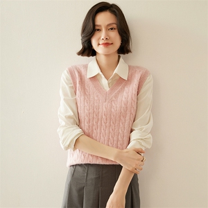 叠穿马甲女纯山羊绒V领扭花加厚无袖坎肩24秋冬针织毛衣马夹,女装马甲,纳丰羊绒