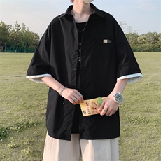 冰丝短袖衬衫男宽松假两件上衣ins港风夏季薄款衬衣外套CS065-P30，男装衬衫，星座308B-1
