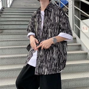 个性条纹短袖衬衫男夏季2021ins潮牌五分袖休闲衬衣外套 W944-P30图片