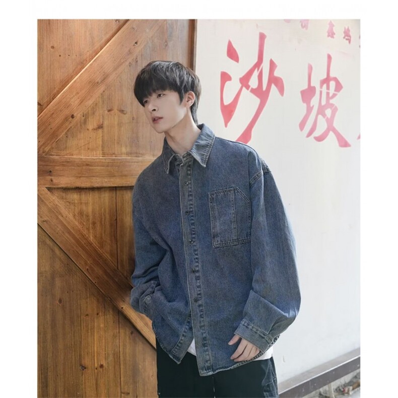 男日系复古工装牛仔衬衫男春秋水洗做旧宽松男生衬衣外套,男装衬衫,星座506A