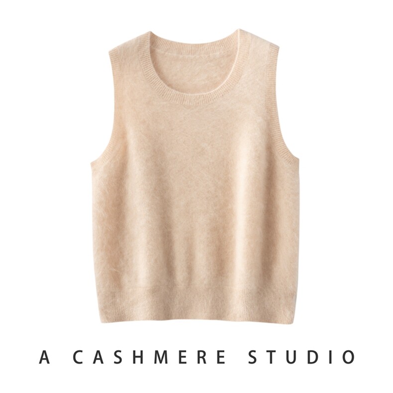 2025秋冬新款羊绒衫女100%纯山羊绒圆领简约拉绒时尚针织马甲背心，女装羊绒衫，戎叶云台