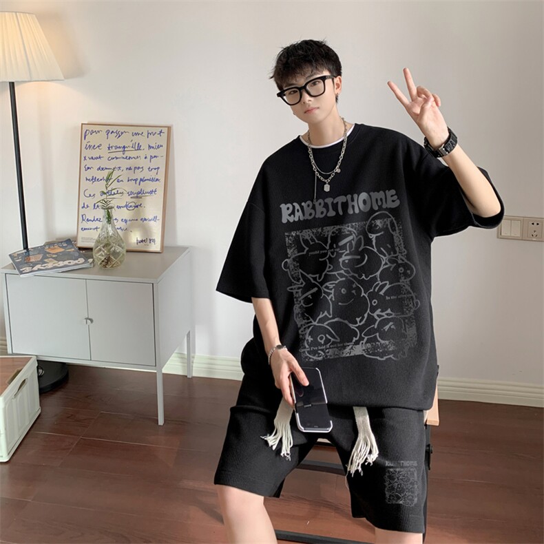 套装！华夫格套装男T恤短裤两件套大码港风TZ121-P50,男装休闲套装,电商B367