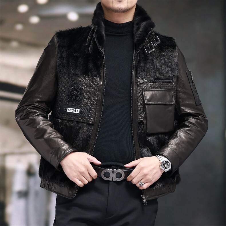BIJ901冬季新款海宁真皮羽绒服男山羊皮夹克翻领时尚男装机车皮衣,男装皮衣,电商B360
