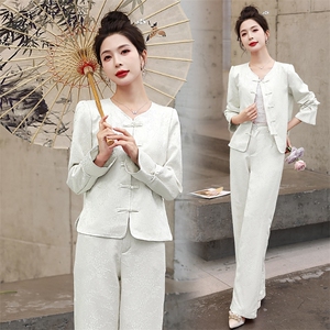 新中式国风套装女2024春秋新款禅意茶服复古盘扣唐装阔腿裤两件套图片
