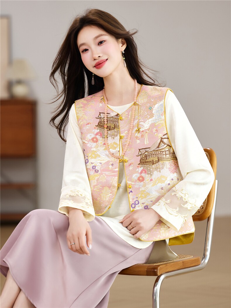 现货春季新款新中式洋气两面穿圆领马甲+刺绣衬衫打底两件套女,女装套装/套裙,央宝儿