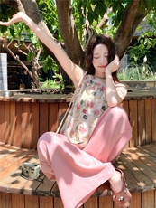 复古重工刺绣挂脖碎花背心阔腿裤两件套2026夏季新款超好看的套装，女装套装/套裙，冬木谷雨
