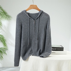 2025年秋季新款百搭女士抽绳抽条长袖连帽拉链衫，女装羊绒衫，贵皇羊绒四店