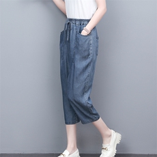 天丝牛仔裤女夏季2024新款轻薄垂感中年妈妈装哈伦裤冰丝七分裤子，女装连衣裙，独衣靓