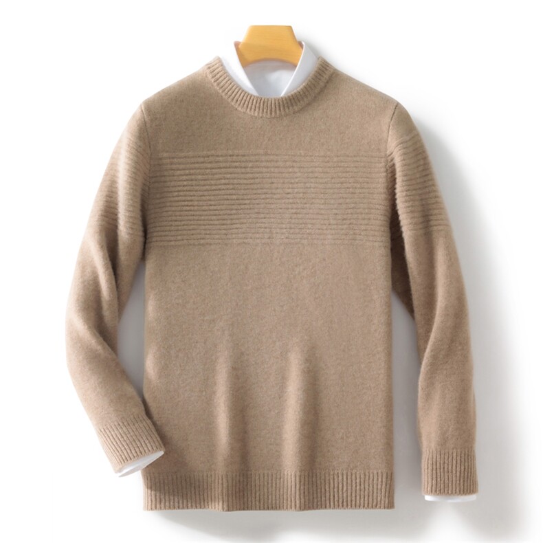 2024年秋冬季澳洲羊毛357针圆领横纹套头衫，男装羊毛衫，忠诺羊绒