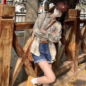 美式复古polo领格子衬衫宽松港风幂式穿搭设计感防晒开衫长袖上衣图片