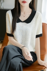 夏季新款韩版宽松短袖针织衫女拼色上衣百搭显瘦精仿羊毛打底衫，女装针织衫/毛衣，唐诺