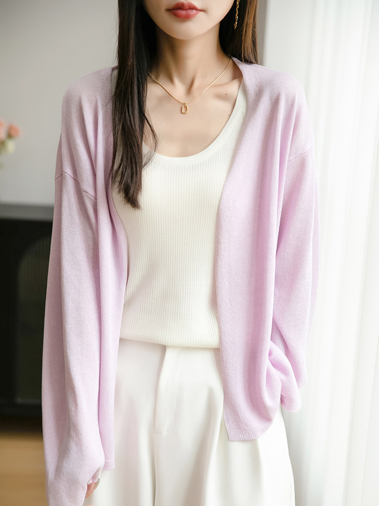 法式V领冰丝针织开衫女长袖防晒衣2025夏薄披肩上衣薄款外穿小衫,针织衫/毛衣,佳绒包芯纱店