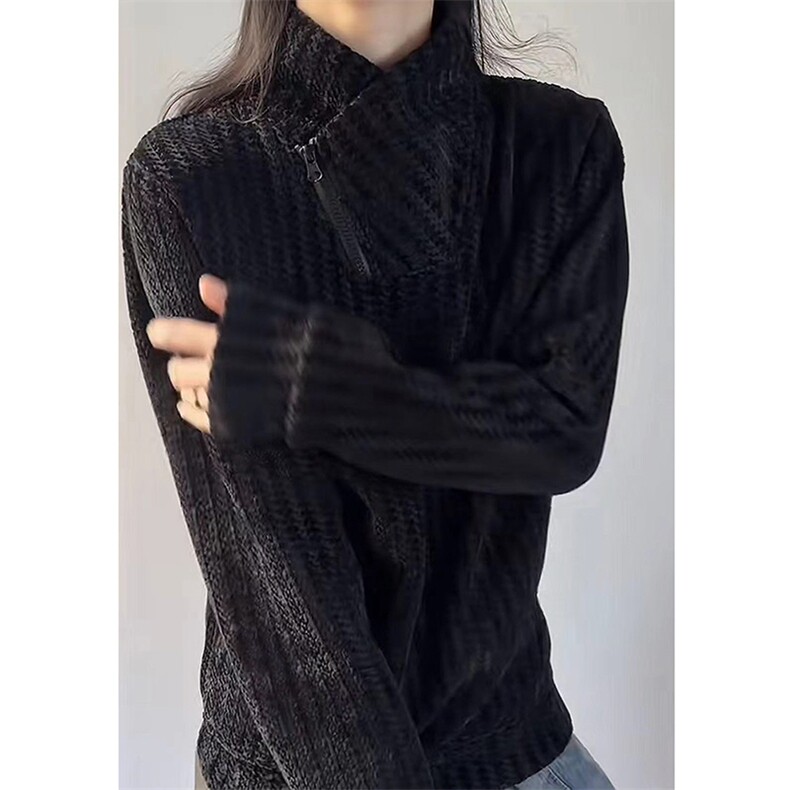 高品质春装新款老钱风美式高街鱼骨纹斜拉链解构高领卫衣长袖t恤,男装T恤,电商A486