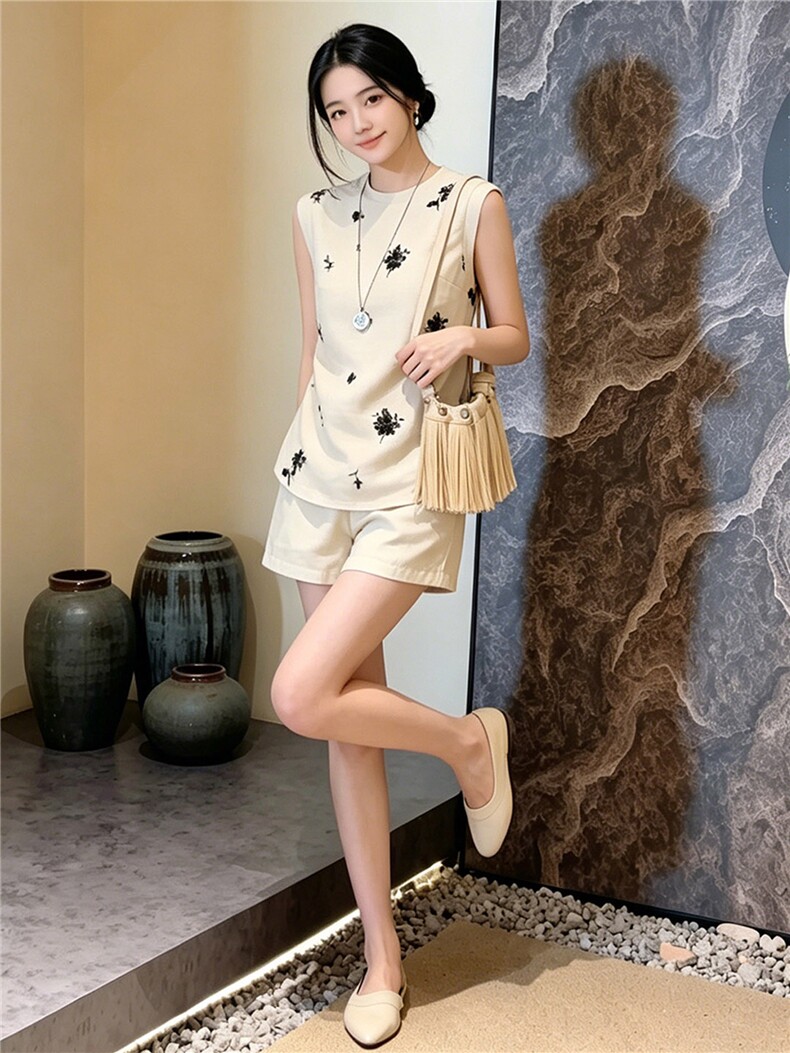 欧货运动休闲套装女夏季新款修身显瘦圆领无袖上衣阔腿短裤两件套,女装套装/套裙,江南